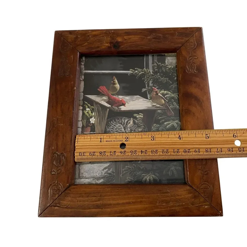 Vintage Carved Wood Frame Cat Birds Print Persis Clayton Weirs 90s Country 1992